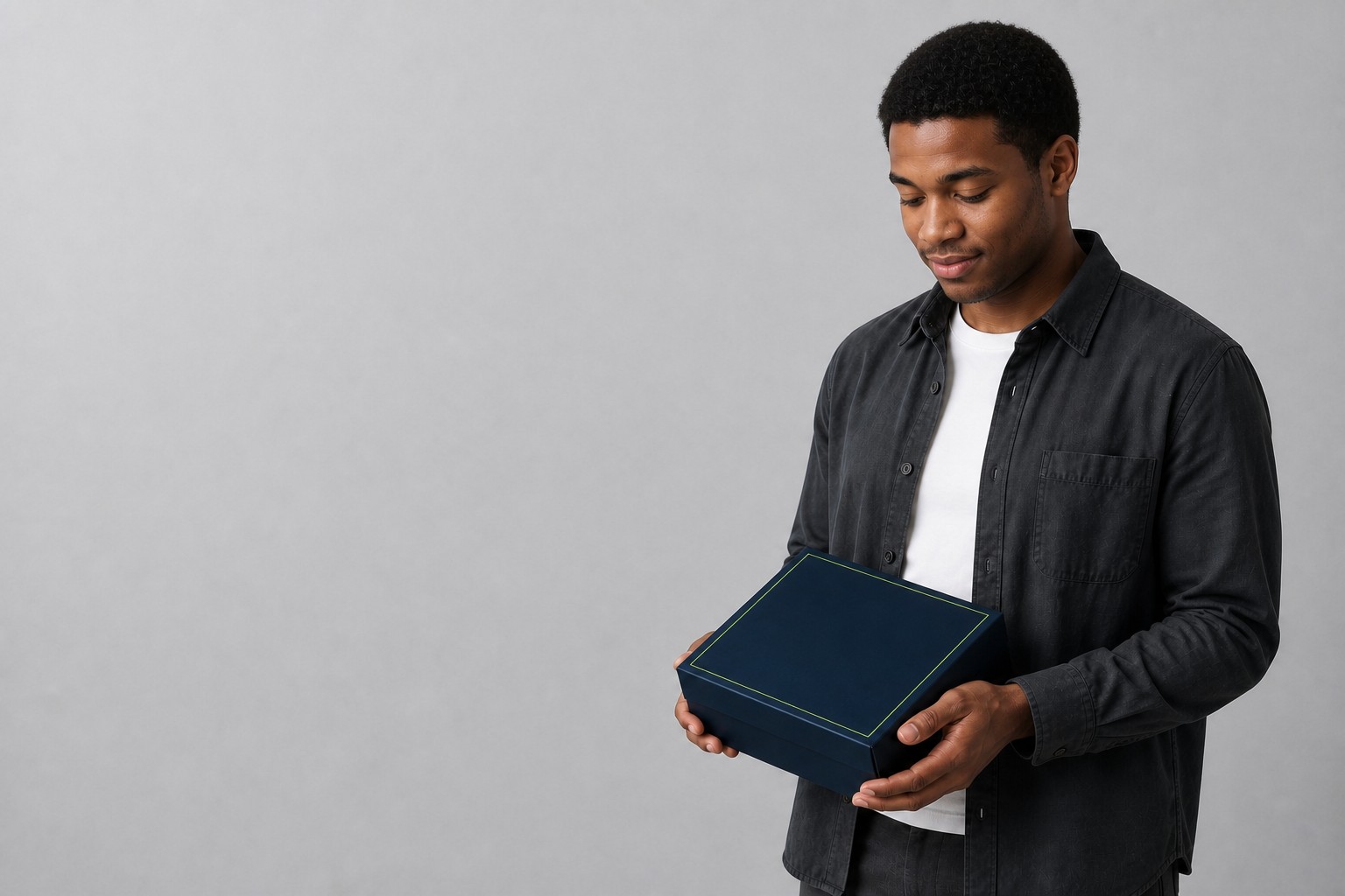 A person holding a plain unmarked box and looking down at it
